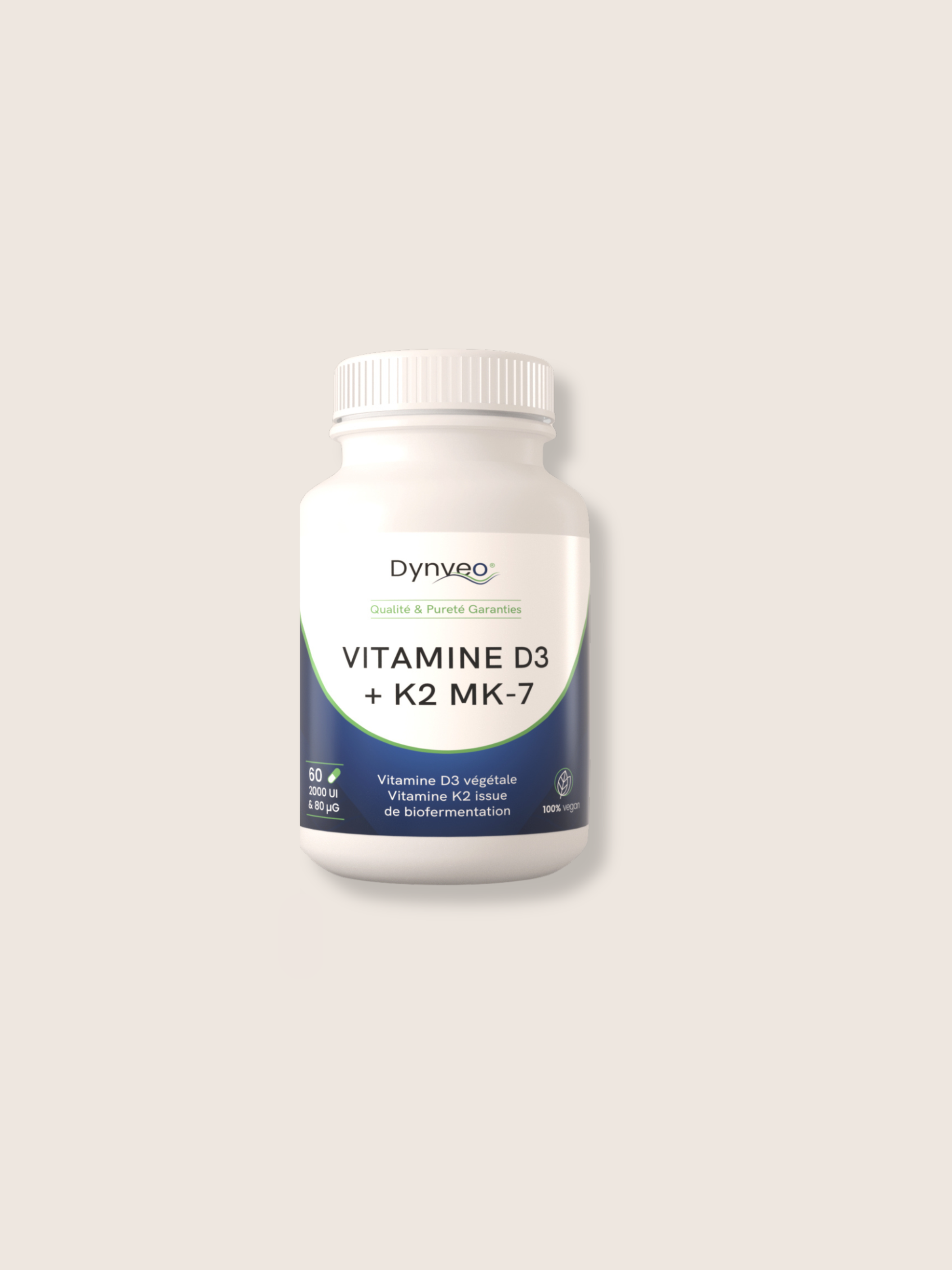 Flacon de gélules de vitamine D3 K2 végétale, Dynveo