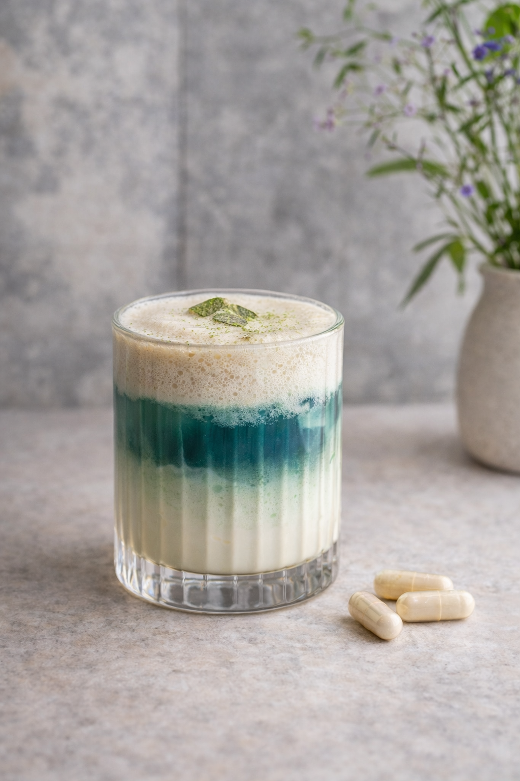 Verre transparent d’une boisson au lait avec une couche bleu et des gellules journalieres de magnesium
